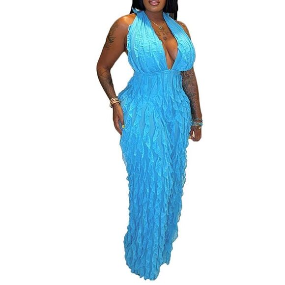 Women’s Blue V-Neck Backless Jumpsuit Romper RuffleWave WideLeg Pants Size M NEW - Picture 10 of 11